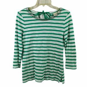 Chico’s Green White Striped Embellished Crew Neck Top Size Small